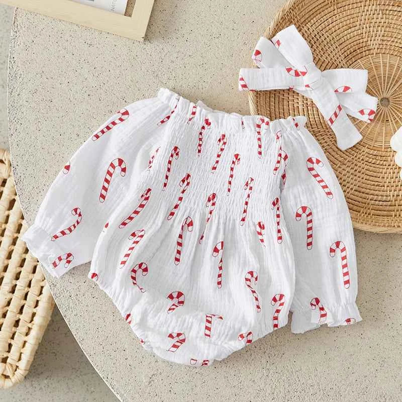 Baby Christmas Romper Set – Smocked Candy Cane Print Long Sleeve Bodysuit with Headband (2Pcs)