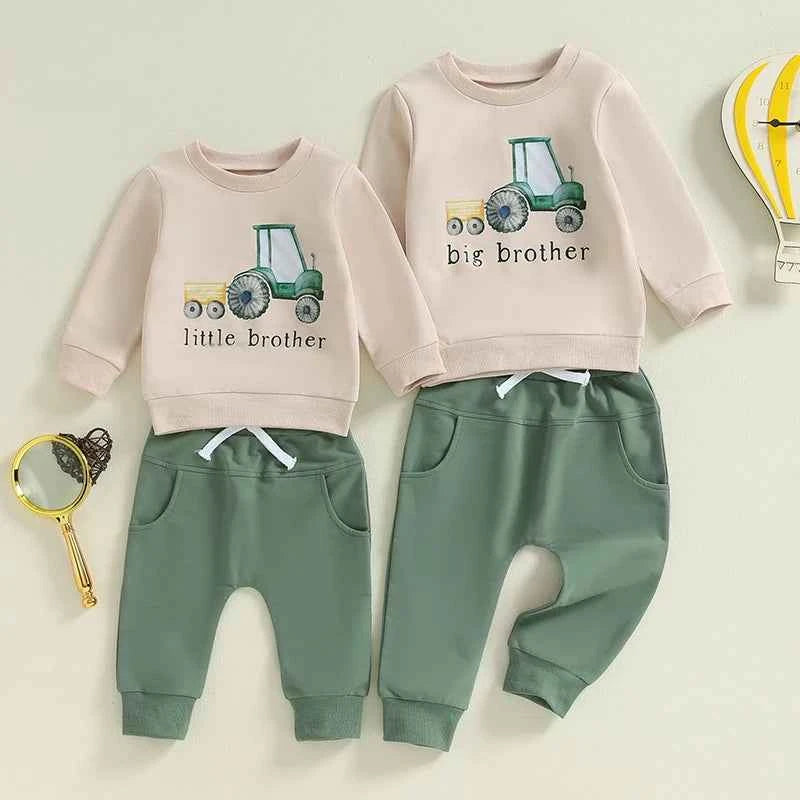 Boys 2PCS Outfit Set – Long Sleeve Letter Tractor Print Top and Solid Pants