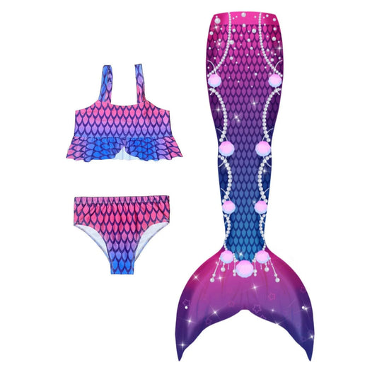 Kids Mermaid Tail Swimsuit Set – 3-Piece Bikini Bathing Suit Costume for Pool Party & Halloween