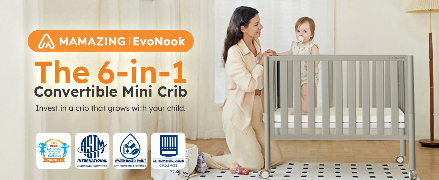 6-in-1 Convertible Mini Crib with Wheels – Foldable, Adjustable Height, Portable Baby Crib (Grey, New Zealand Pine)