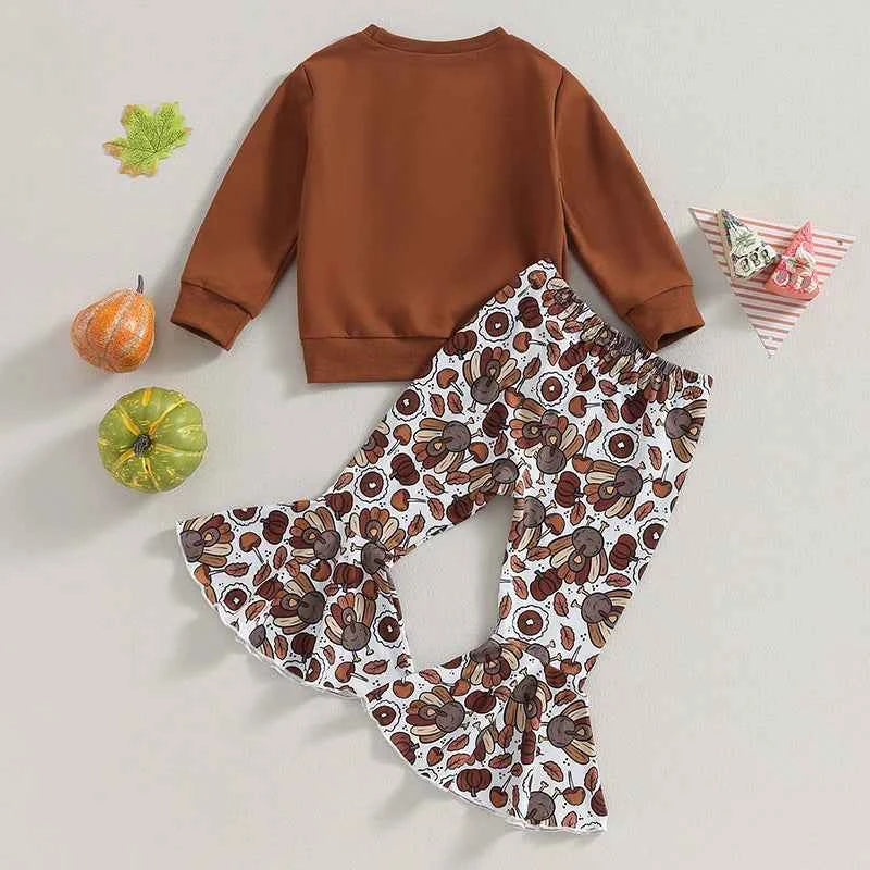 Thanksgiving Outfit for Girls – Long Sleeve Turkey Sweatshirt and Flare Pants Set (0–5 Years - 2Pcs Set)