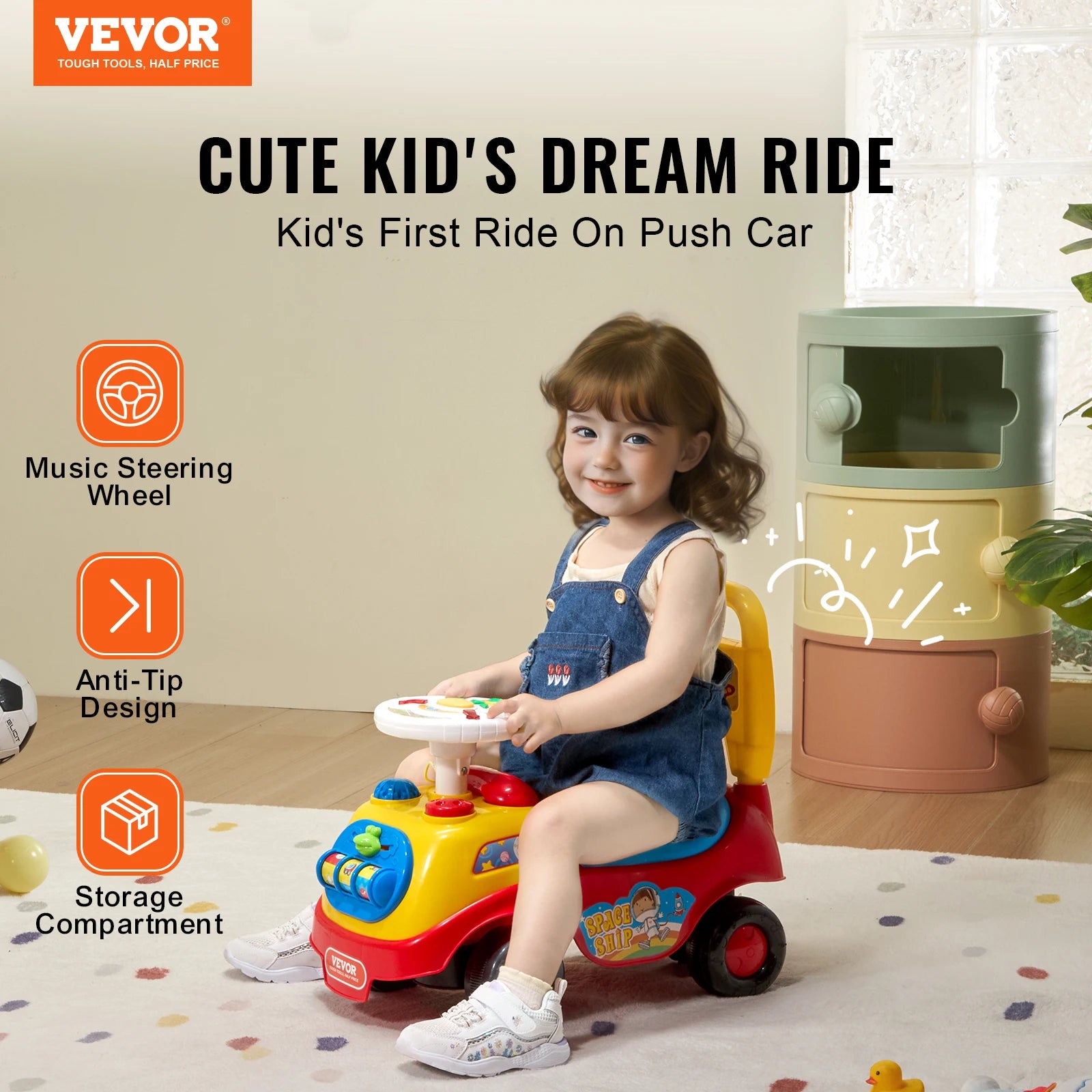 VEVOR 3-in-1 Toddler Ride-On Push Car with Music, Storage & Safety Features. Sit-to-Stand Stroller Toy for Ages 1–3 - Haven's Heaven Boutique