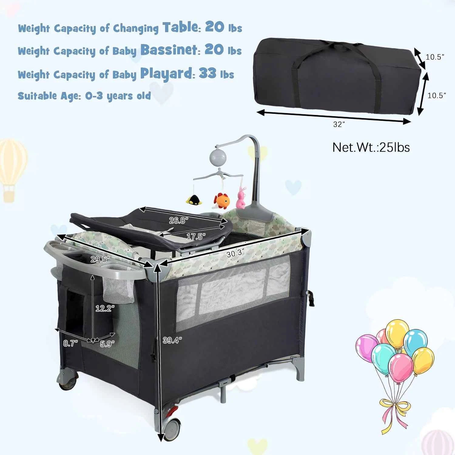 All-in-One Baby Playard Pack n Play with Bassinet & Diaper Changing Station – Portable Folding Travel Crib
