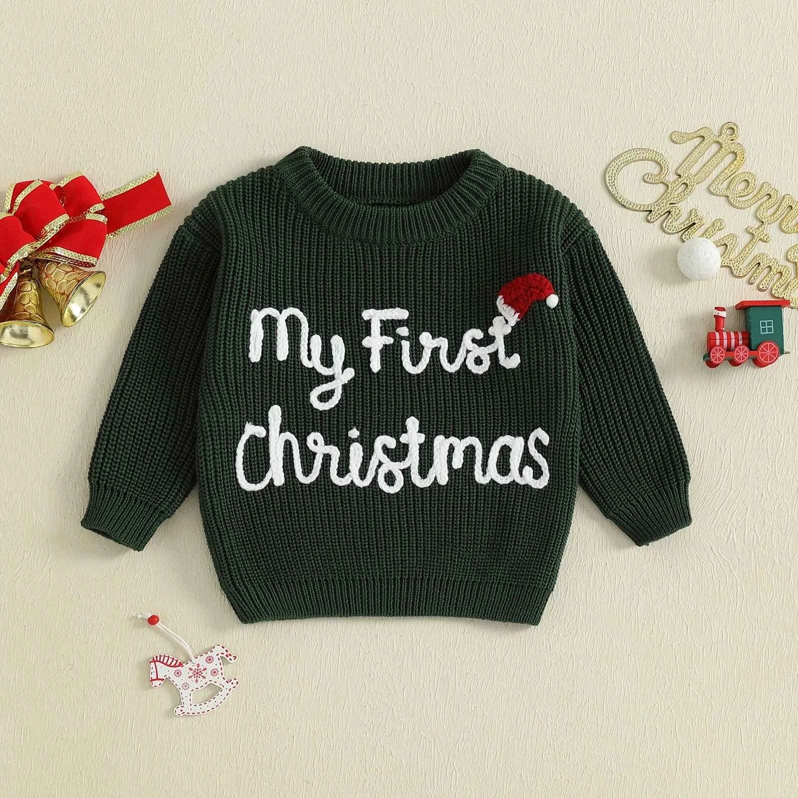 Baby Christmas Knit Sweater – Letter Embroidery Long Sleeve Pullover Top