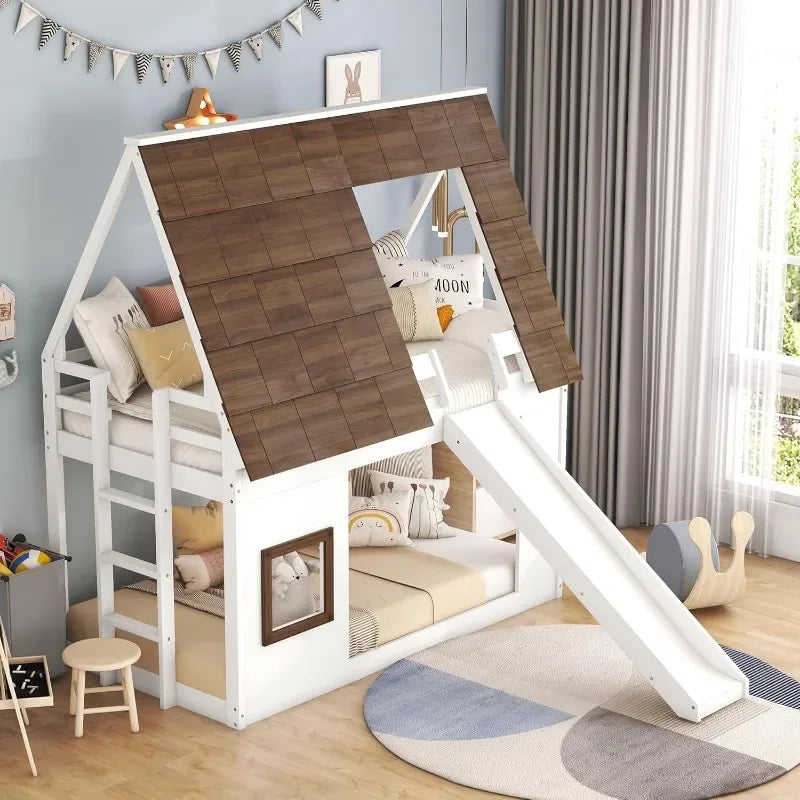 Twin Over Twin House Bunk Bed with Roof, Window, Ladder & Slide