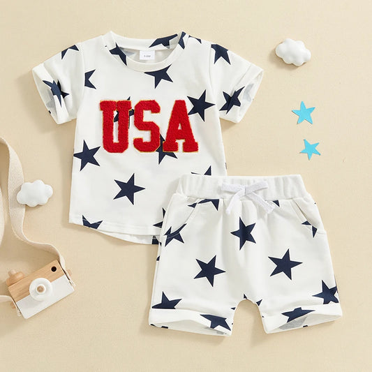 Baby Boy 4th of July Outfit Set – 3M-3Y Patriotic T-Shirt & Star Print Shorts