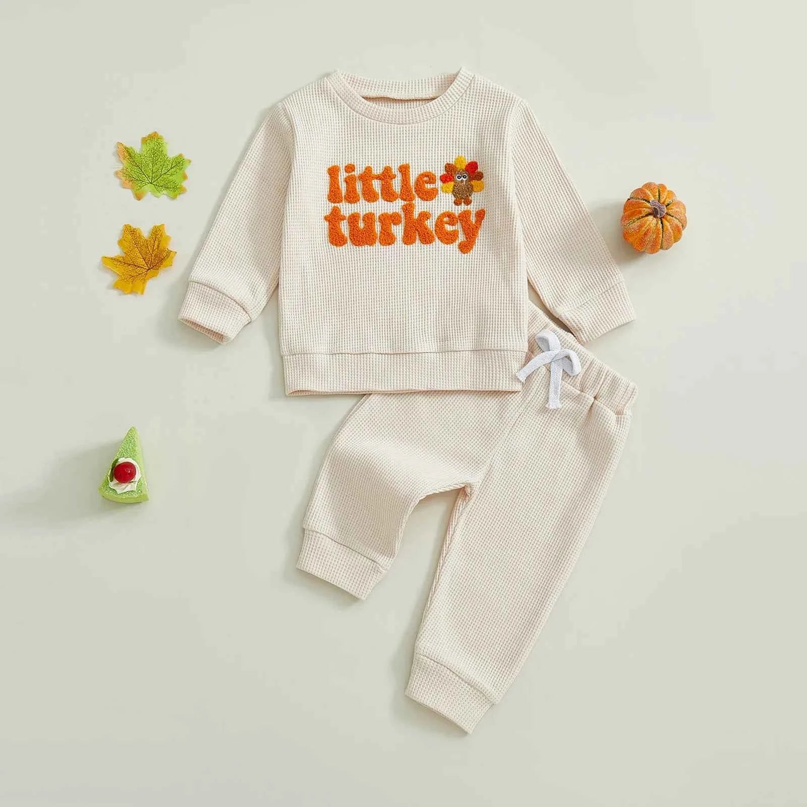 Thanksgiving Outfit – Turkey Letter Embroidery Pullover & Elastic Waist Waffle Pants  (2Pcs Set )
