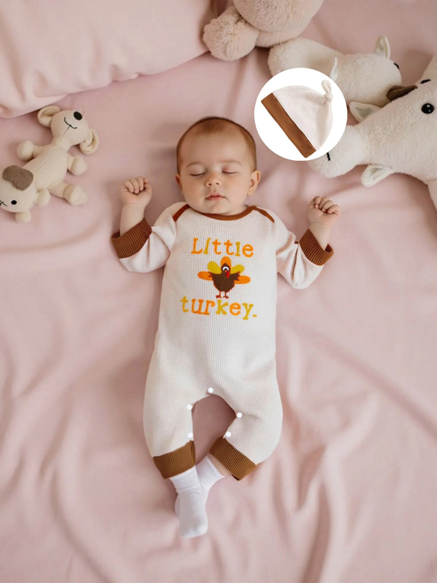 Thanksgiving Jumpsuit – Long Sleeve Round Neck Romper with Turkey Embroidery and Hat