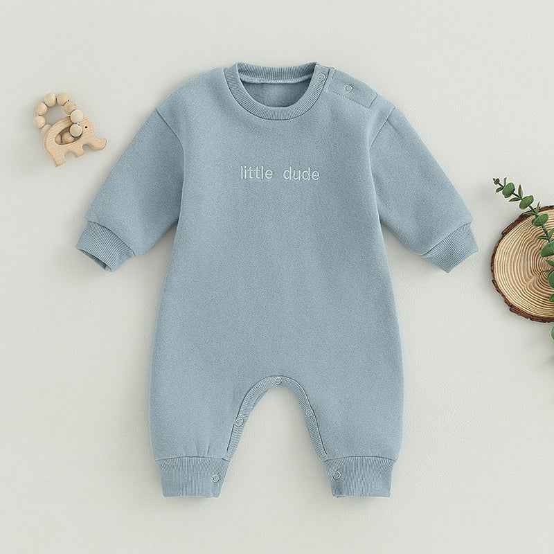 Baby Letter Embroidered "Little Dude" Jumpsuit – Long Sleeve Footless Romper (0–18M)