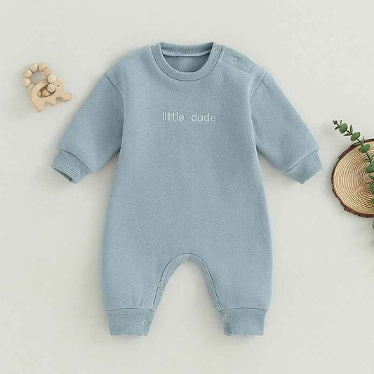 Baby Letter Embroidered "Little Dude" Jumpsuit – Long Sleeve Footless Romper (0–18M)