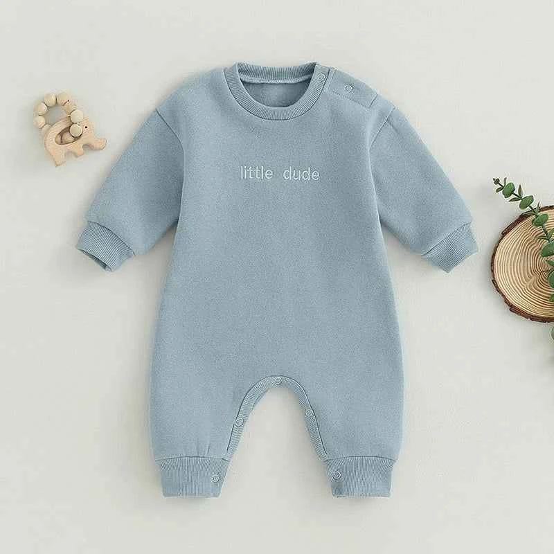 Baby Letter Embroidered "Little Dude" Jumpsuit – Long Sleeve Footless Romper (0–18M)