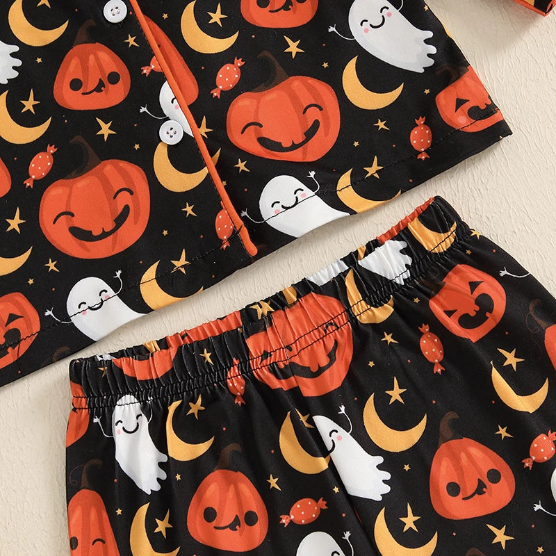 Kids Halloween Pajama Set – Pumpkin Ghost Print Button-Up Top and Pants (1–5T)