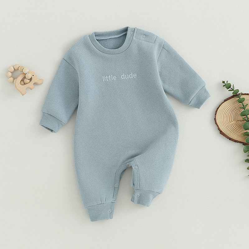 Baby Letter Embroidered "Little Dude" Jumpsuit – Long Sleeve Footless Romper (0–18M)