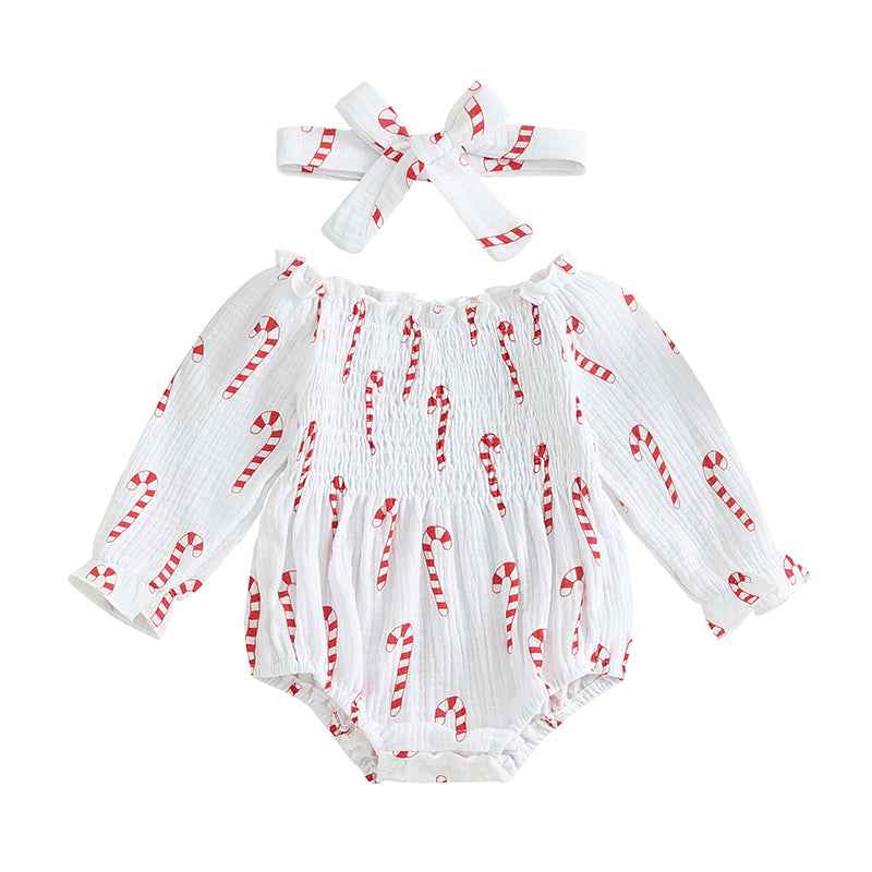 Baby Christmas Romper Set – Smocked Candy Cane Print Long Sleeve Bodysuit with Headband (2Pcs)
