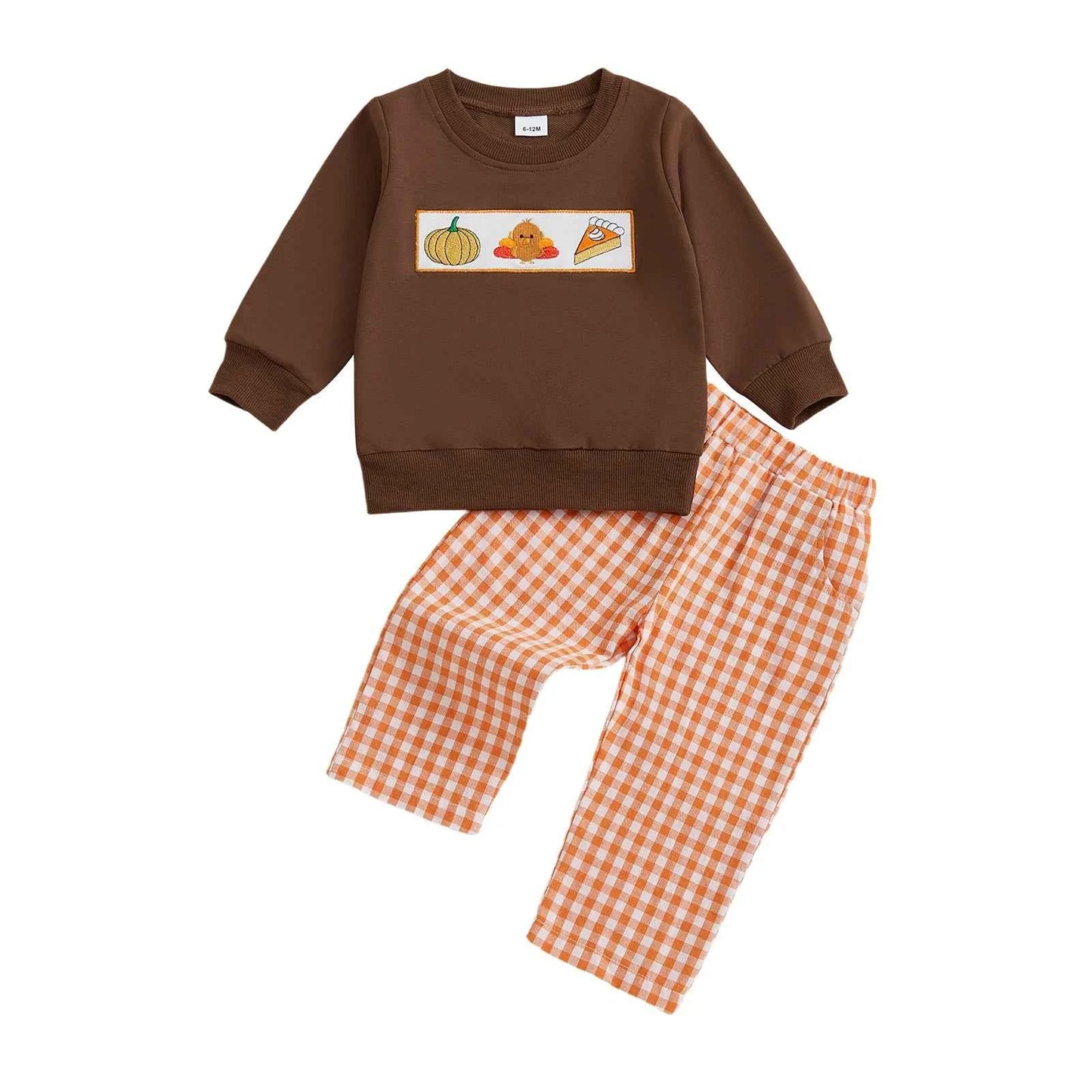 Thanksgiving Outfit – Pumpkin Turkey Sweatshirt & Plaid Elastic Waist Pants Set