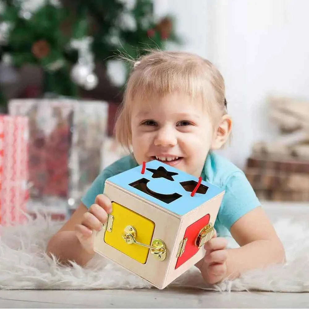 Wooden Geometry Lock Box Toy – Sensory Learning Activity Cube for Toddlers