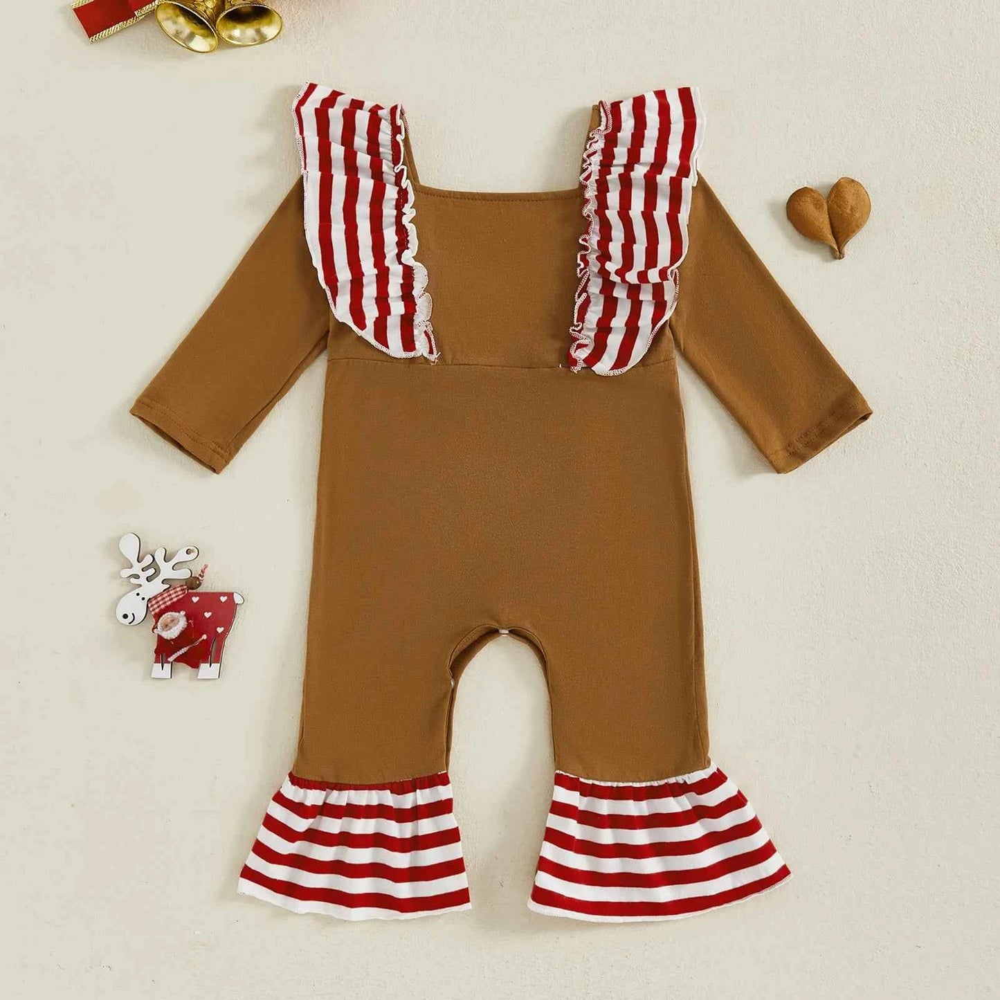 Baby Gingerbread Outfit – Striped Ruffled Long Sleeve Christmas Romper with Flared Pants for Girls