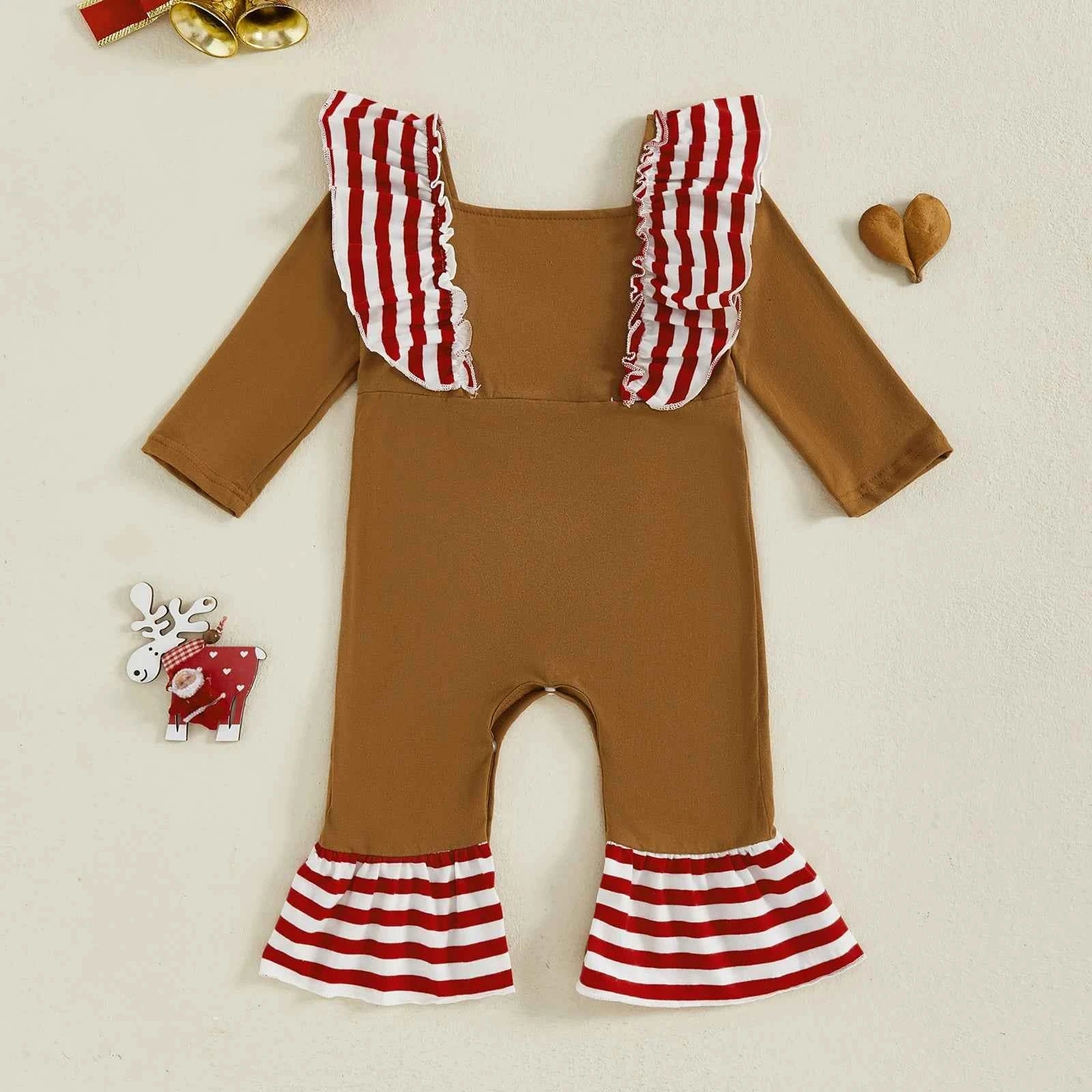 Baby Gingerbread Outfit – Striped Ruffled Long Sleeve Christmas Romper with Flared Pants for Girls