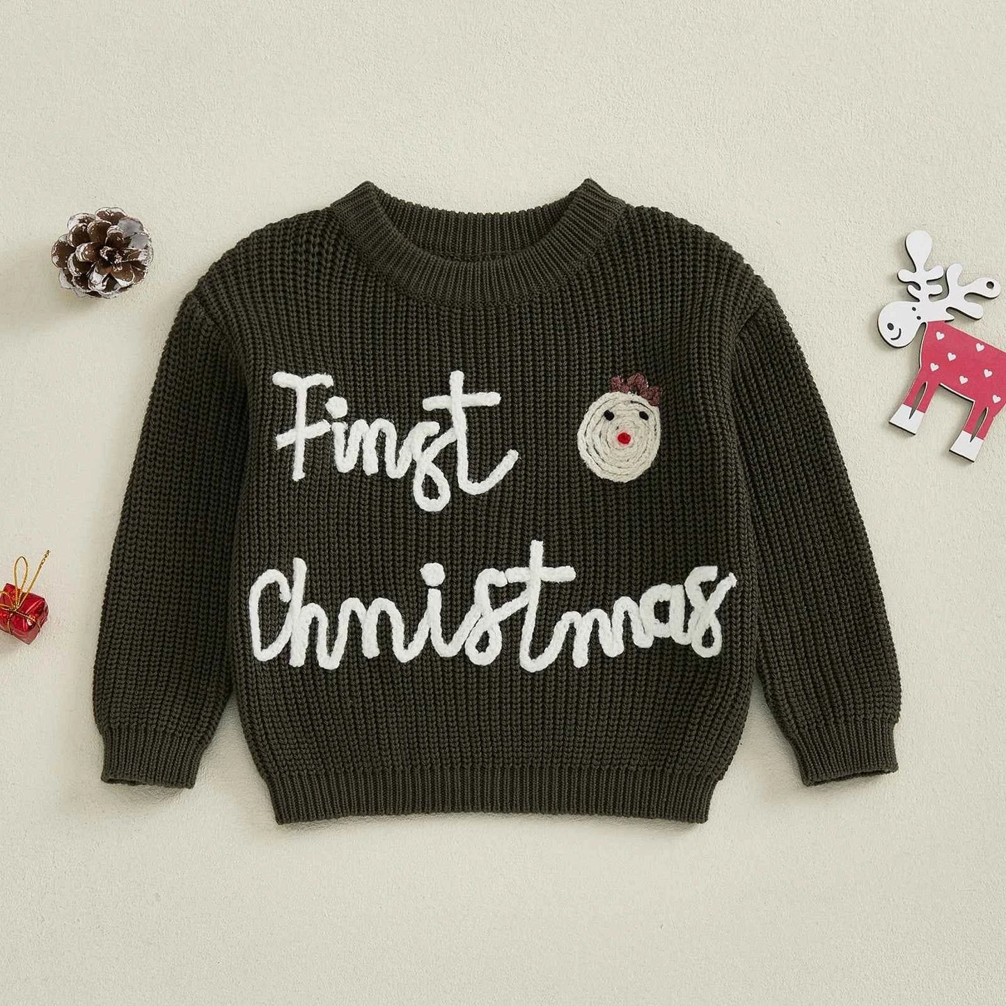 Infant Christmas Sweater – Long Sleeve Crew Neck Elk Letter Knit Pullover for Winter