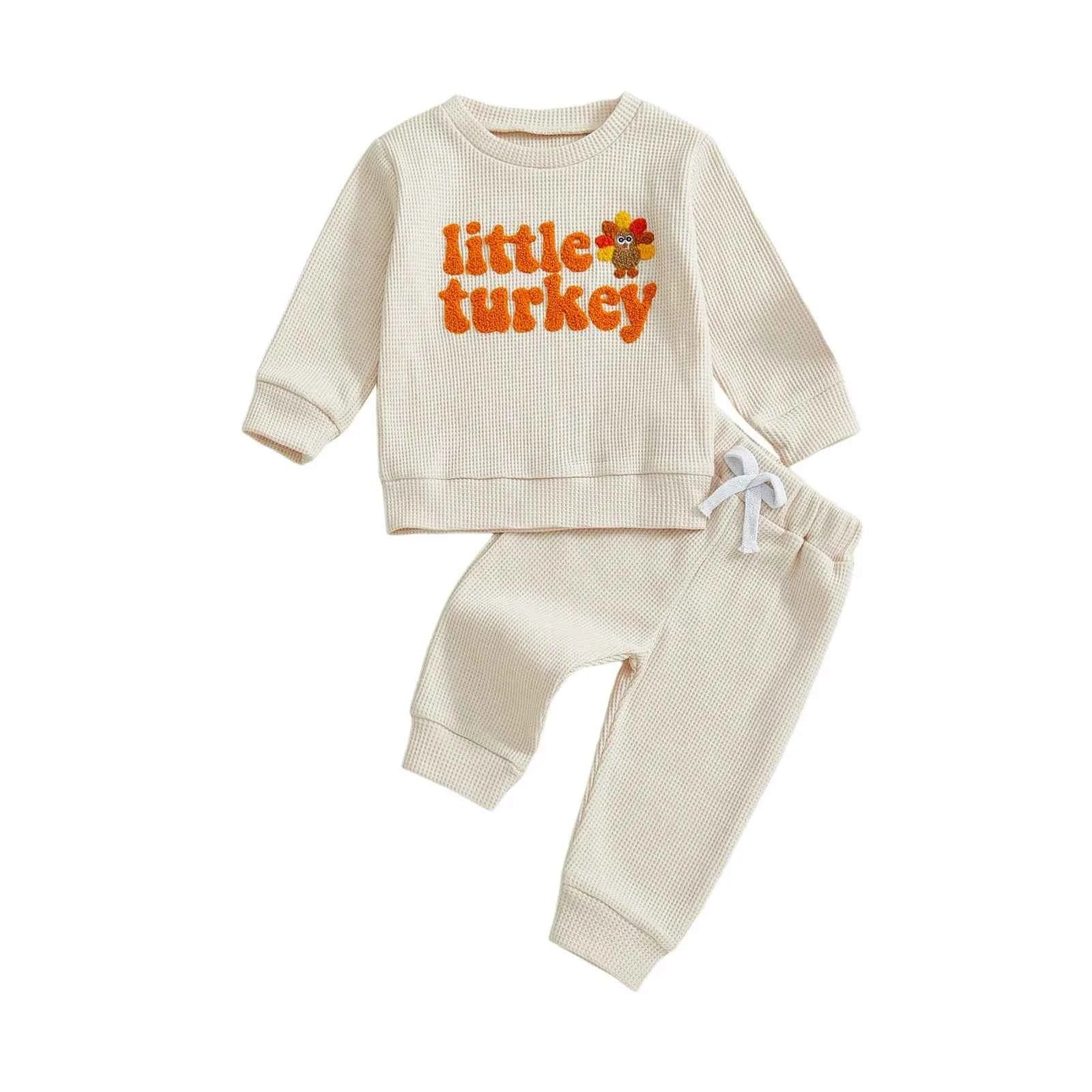 Thanksgiving Outfit – Turkey Letter Embroidery Pullover & Elastic Waist Waffle Pants  (2Pcs Set )