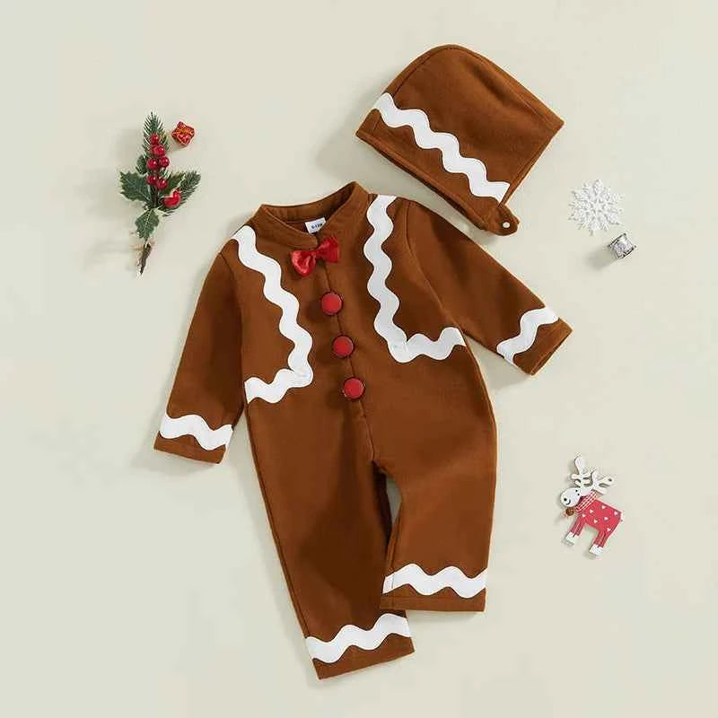 Baby Christmas Jumpsuit – Long Sleeve Crewneck Gingerbread Man Romper with Hat