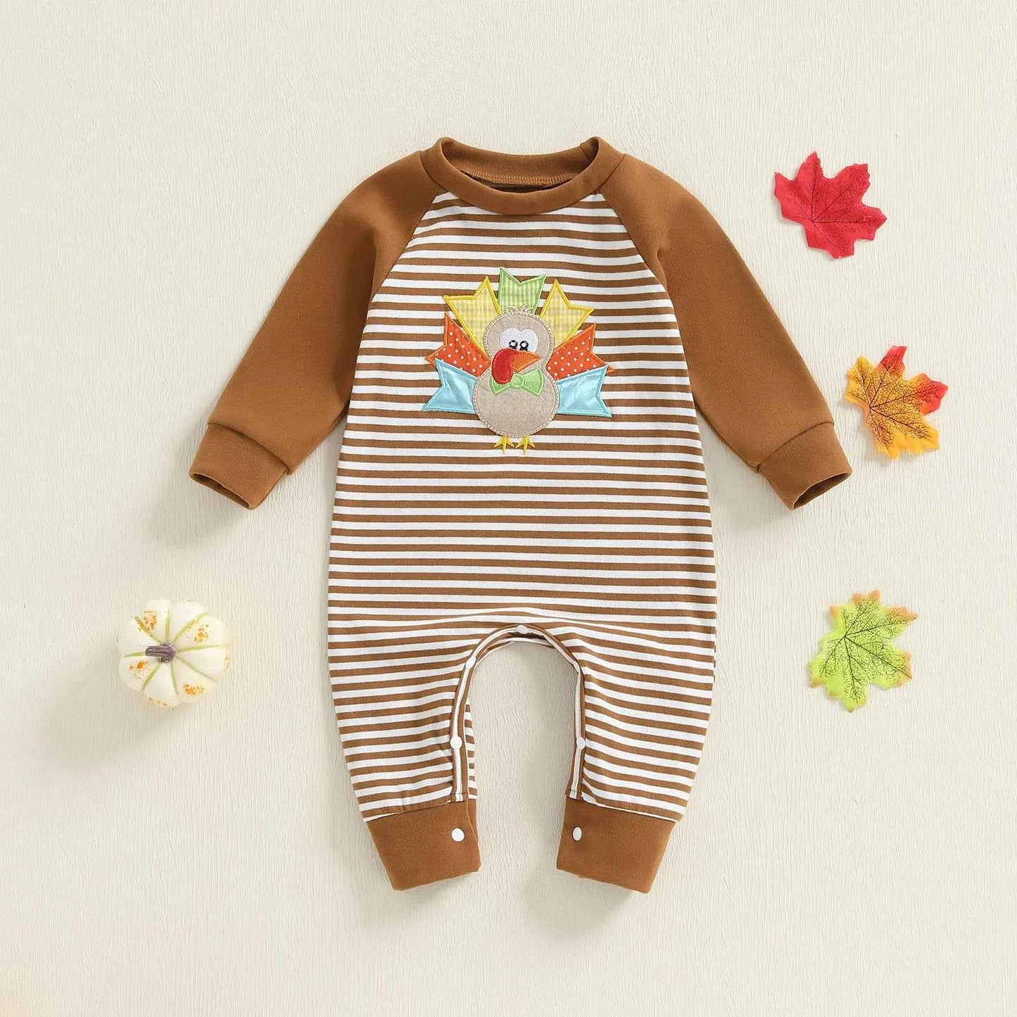 Baby Thanksgiving Romper – Long Sleeve Stripe Jumpsuit with Turkey Embroidery