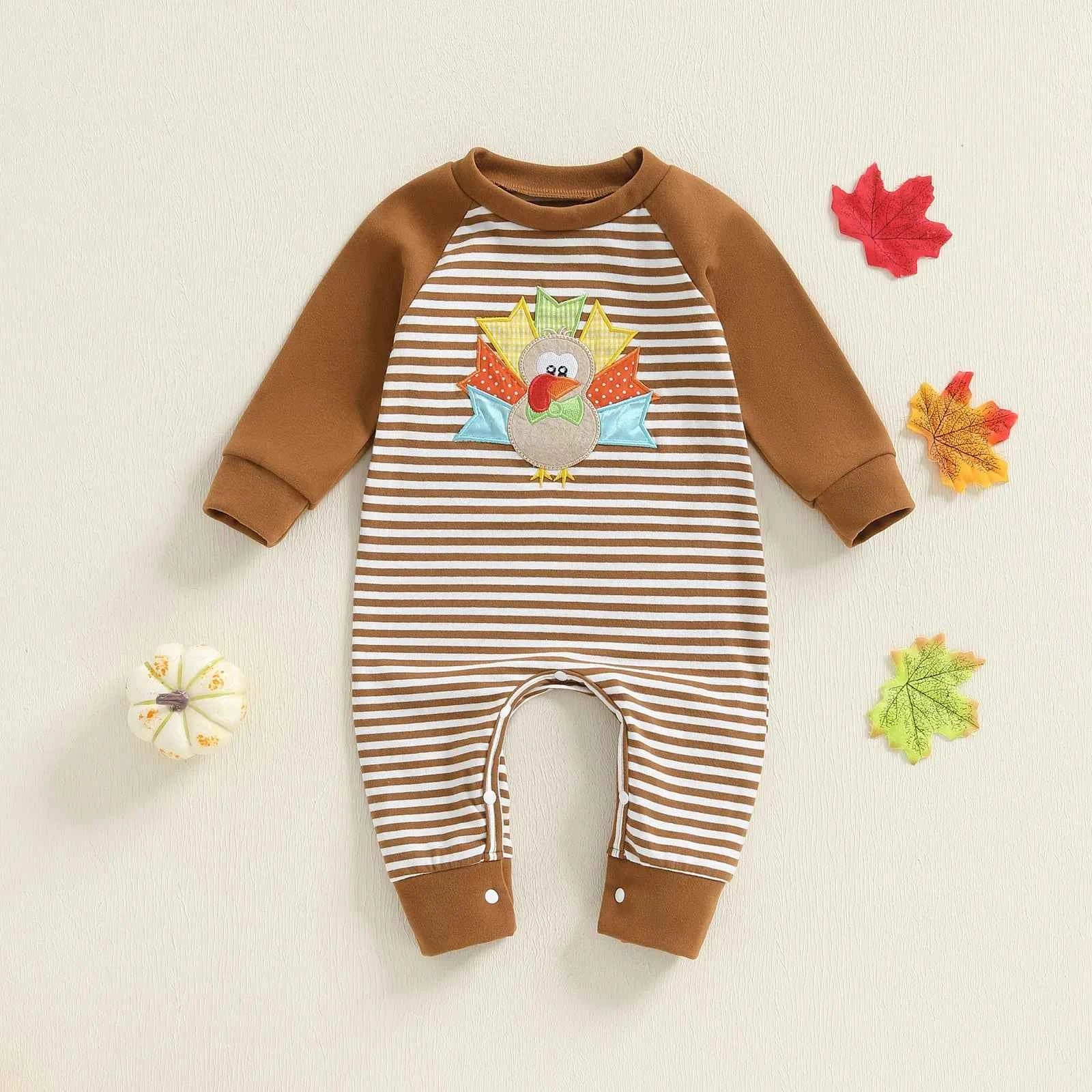 Baby Thanksgiving Romper – Long Sleeve Stripe Jumpsuit with Turkey Embroidery