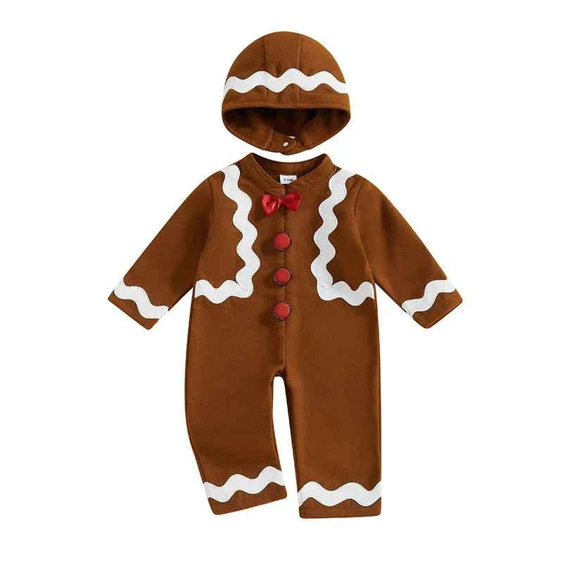 Baby Christmas Jumpsuit – Long Sleeve Crewneck Gingerbread Man Romper with Hat