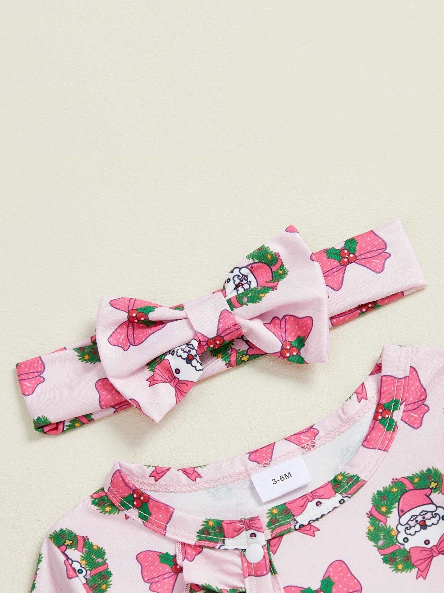 Christmas Outfit – Santa Claus Bow Print Long Sleeve Footed Romper with Matching Headband Set