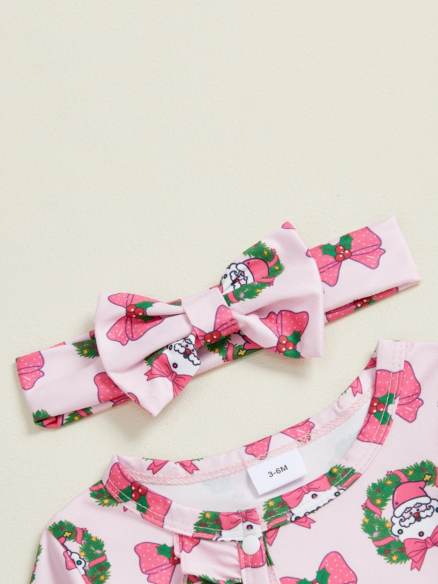 Christmas Outfit – Santa Claus Bow Print Long Sleeve Footed Romper with Matching Headband Set