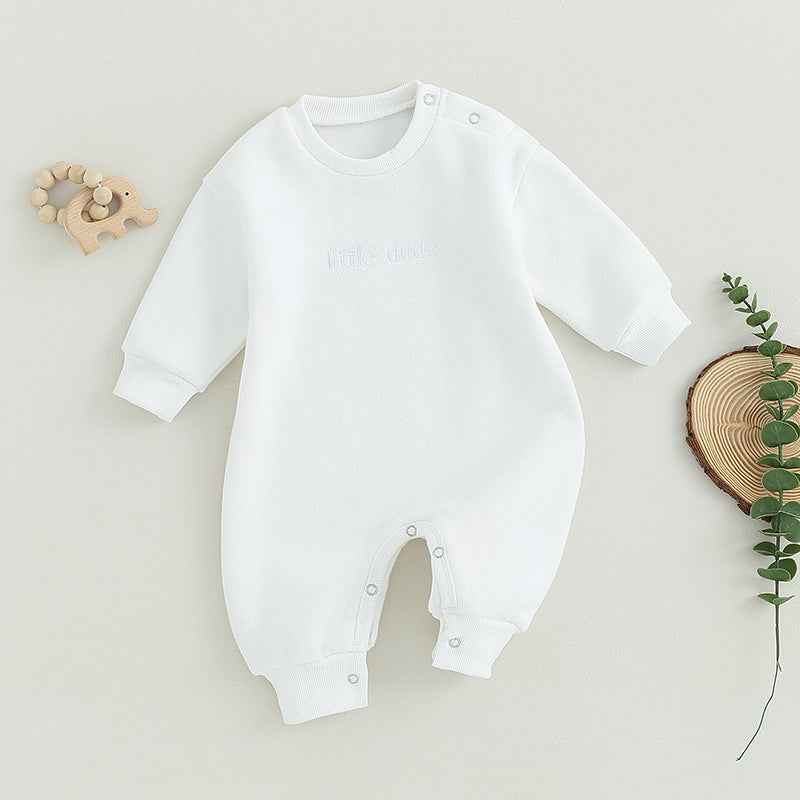 Baby Letter Embroidered "Little Dude" Jumpsuit – Long Sleeve Footless Romper (0–18M)