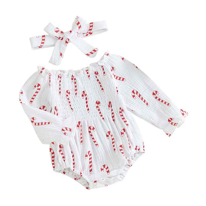 Baby Christmas Romper Set – Smocked Candy Cane Print Long Sleeve Bodysuit with Headband (2Pcs)