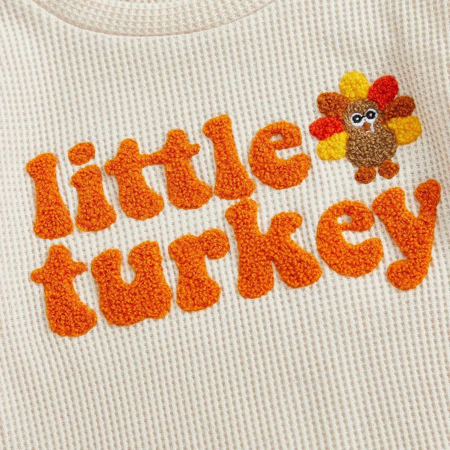 Thanksgiving Outfit – Turkey Letter Embroidery Pullover & Elastic Waist Waffle Pants  (2Pcs Set )