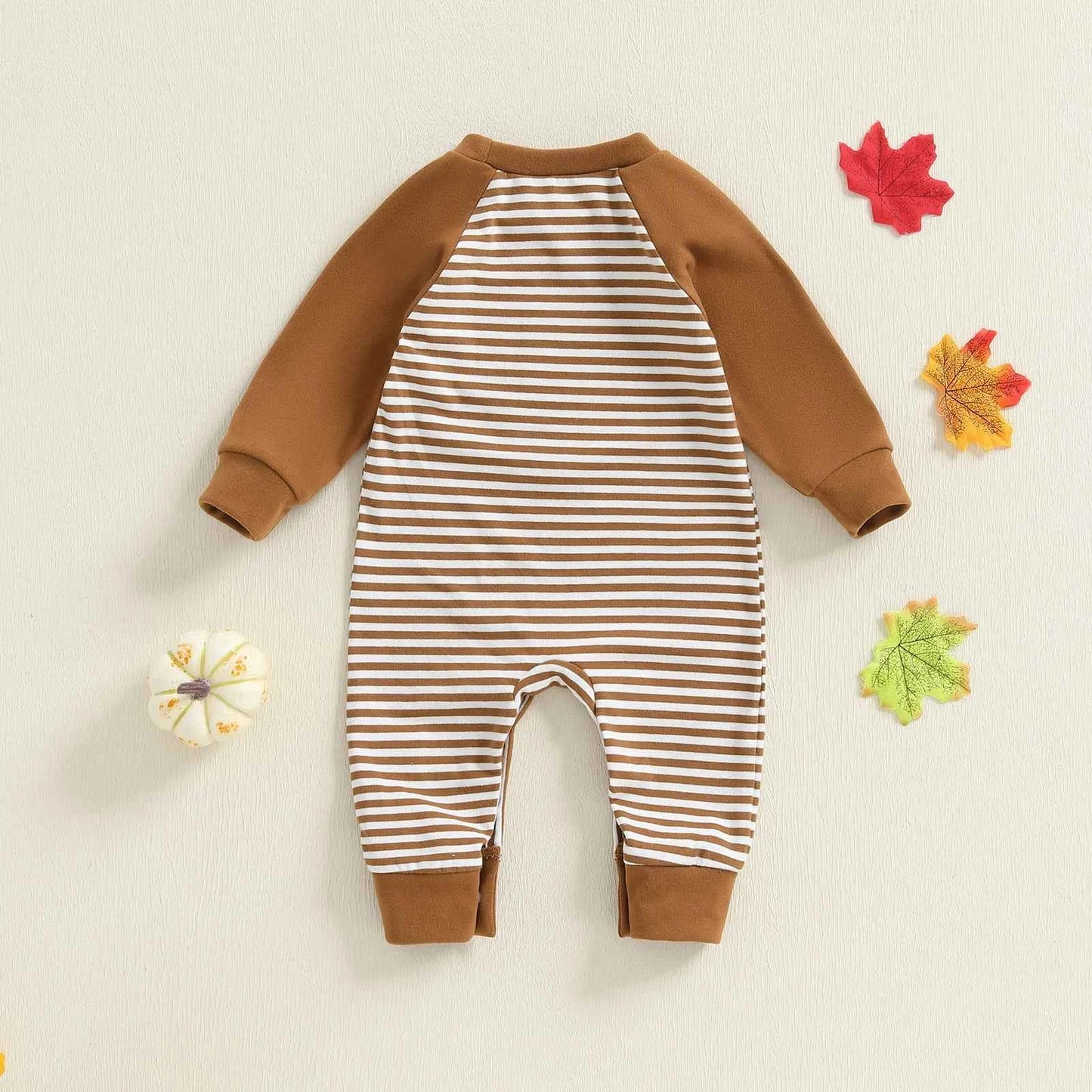 Baby Thanksgiving Romper – Long Sleeve Stripe Jumpsuit with Turkey Embroidery