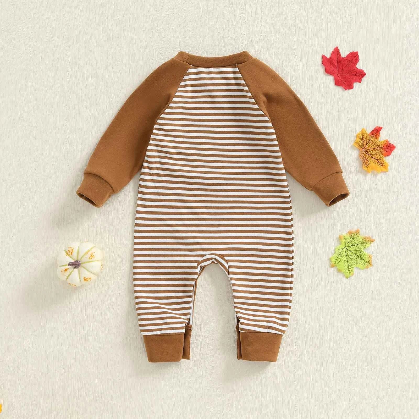 Baby Thanksgiving Romper – Long Sleeve Stripe Jumpsuit with Turkey Embroidery