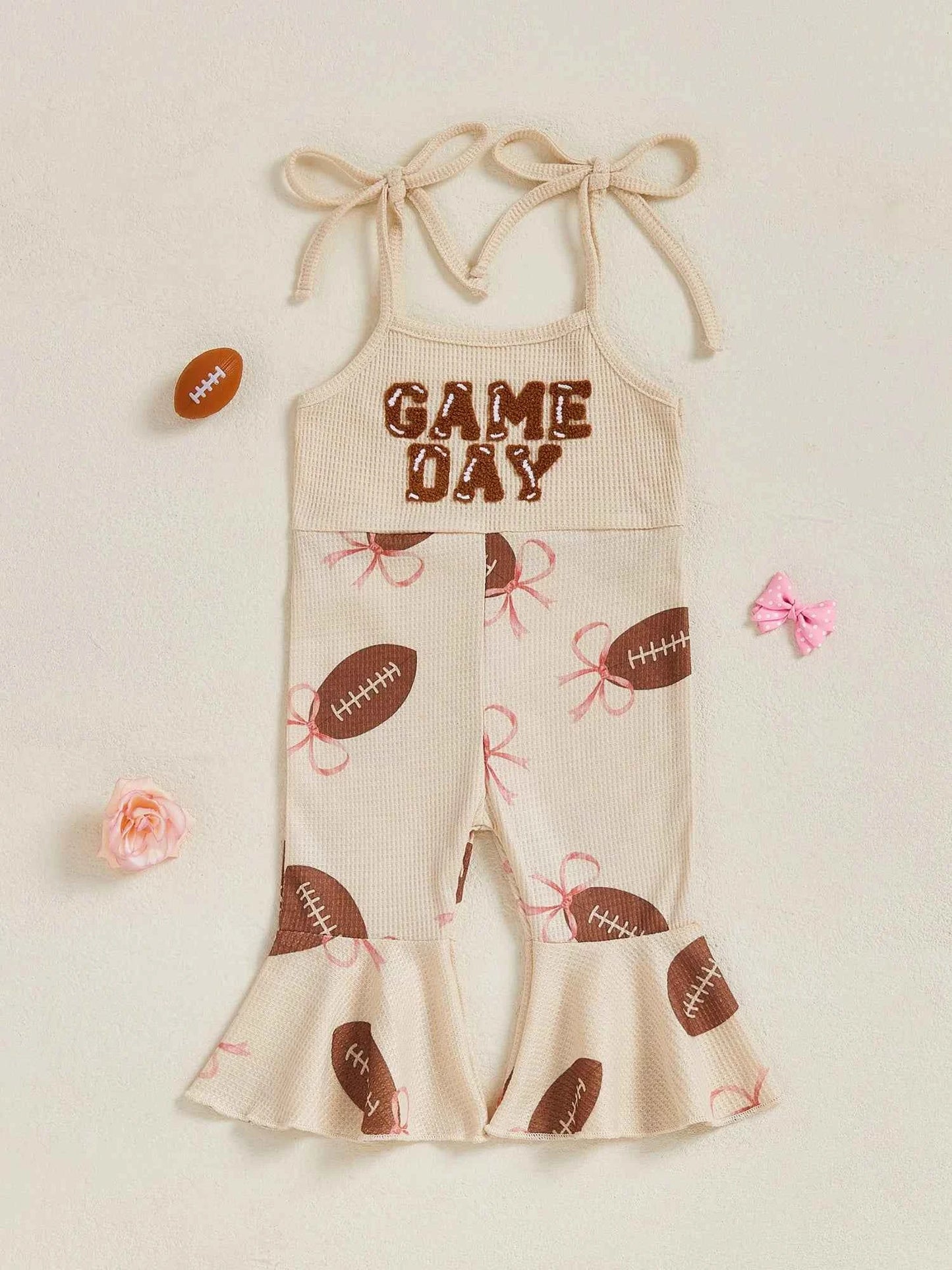 Baby Bell Bottom Jumpsuit – Sleeveless Tie-Up Strap Overalls with Letter Embroidery "Game Day" Print