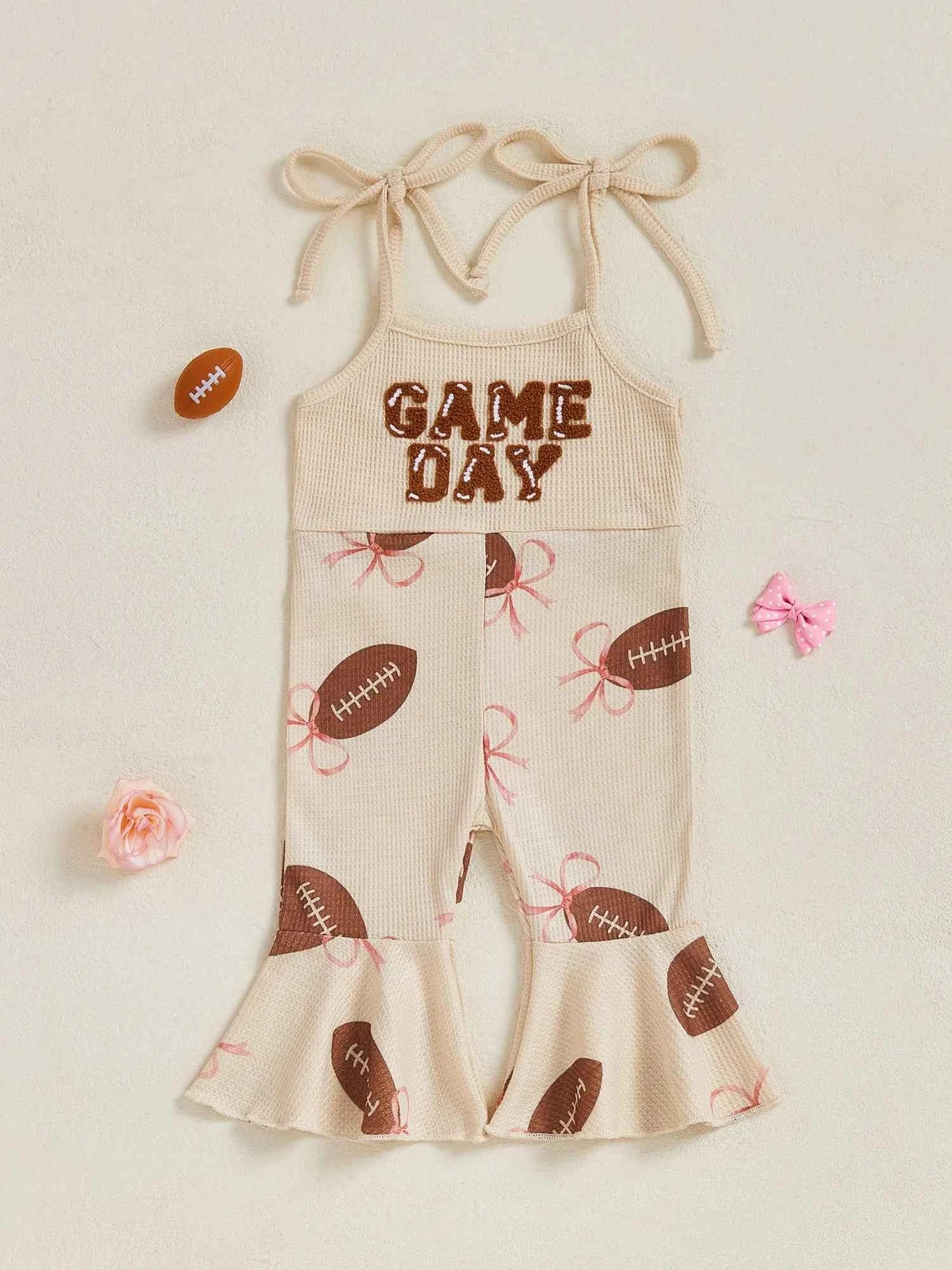 Baby Bell Bottom Jumpsuit – Sleeveless Tie-Up Strap Overalls with Letter Embroidery "Game Day" Print