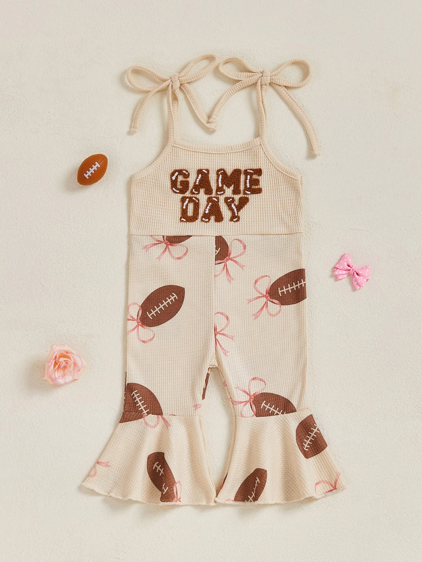 Baby Bell Bottom Jumpsuit – Sleeveless Tie-Up Strap Overalls with Letter Embroidery "Game Day" Print