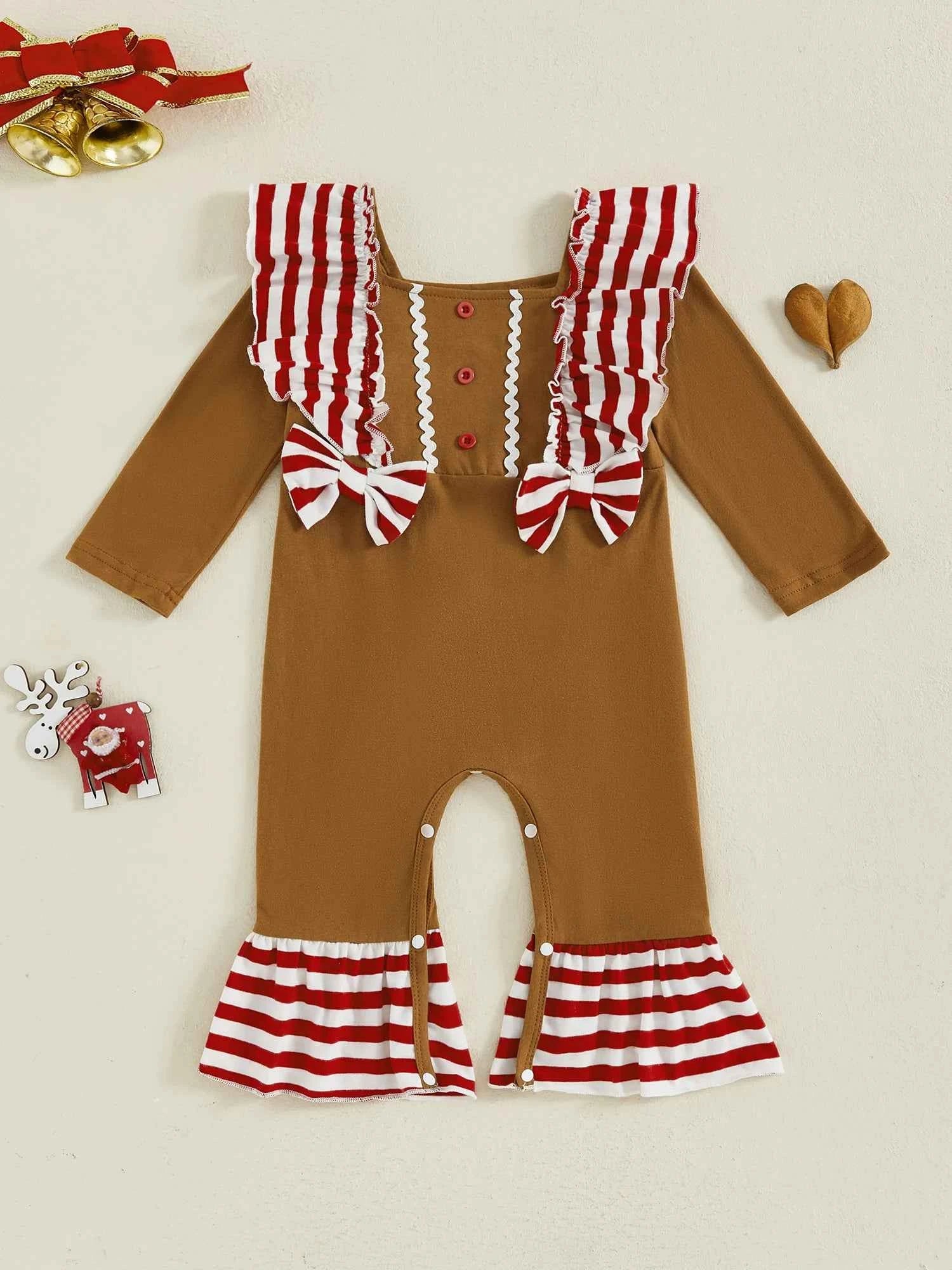 Baby Gingerbread Outfit – Striped Ruffled Long Sleeve Christmas Romper with Flared Pants for Girls