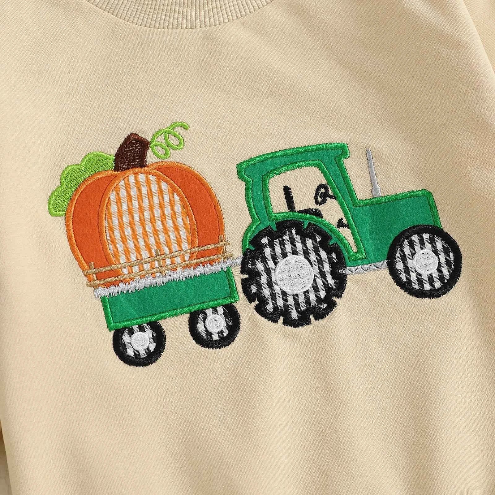 Pumpkin Turkey Tractor Embroidery Sweatshirt & Elastic Waist Pants Set