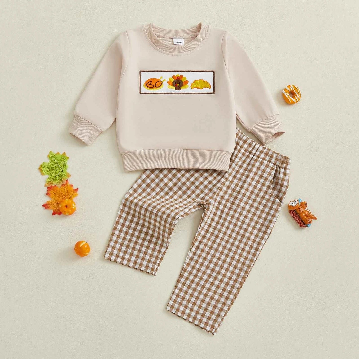 Thanksgiving Outfit – Pumpkin Turkey Sweatshirt & Plaid Elastic Waist Pants Set