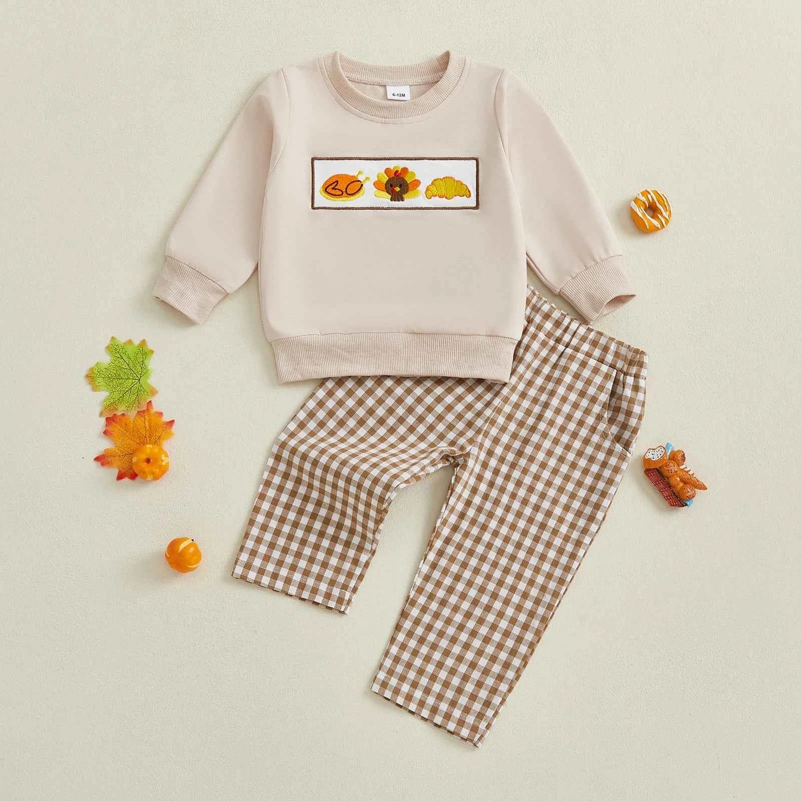 Thanksgiving Outfit – Pumpkin Turkey Sweatshirt & Plaid Elastic Waist Pants Set