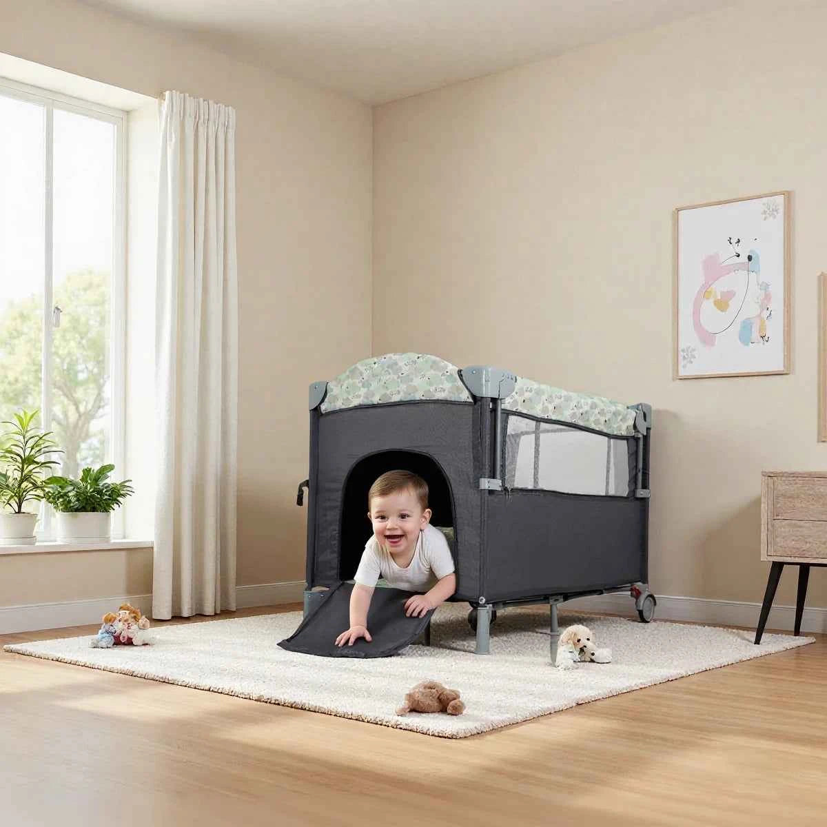 All-in-One Baby Playard Pack n Play with Bassinet & Diaper Changing Station – Portable Folding Travel Crib