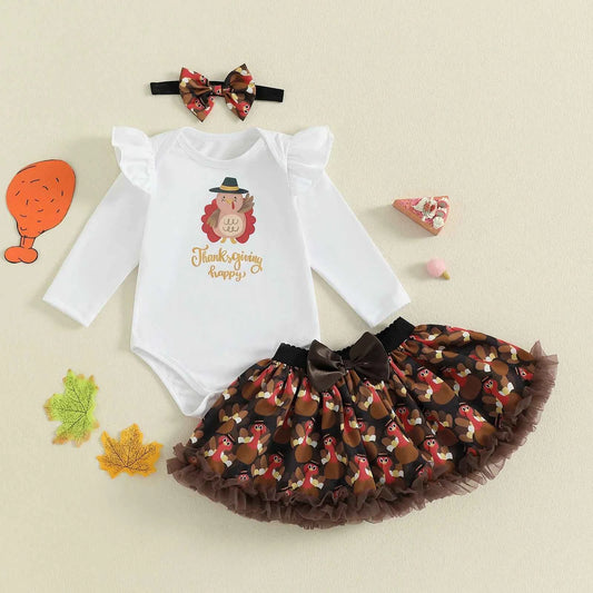 Baby Girl Thanksgiving Outfit 3Pcs Set – Long Sleeve Letter Romper, Turkey Print Skirt & Bow Headband
