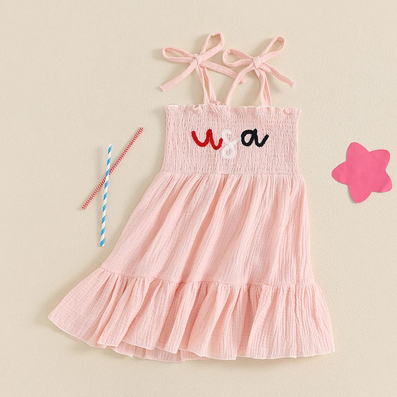 Girls 4th of July Smocked Dress – Sleeveless Tie Shoulder Toddler A-Line Patriotic Outfit