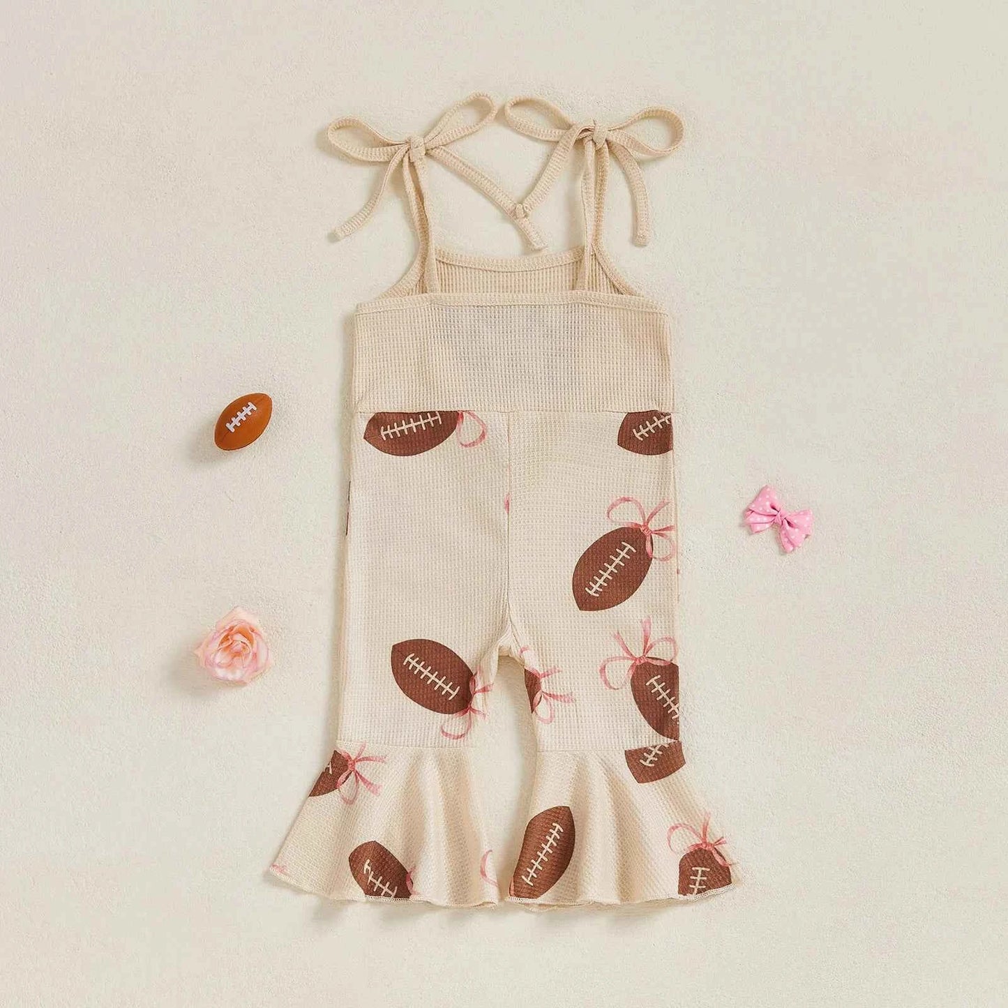 Baby Bell Bottom Jumpsuit – Sleeveless Tie-Up Strap Overalls with Letter Embroidery "Game Day" Print