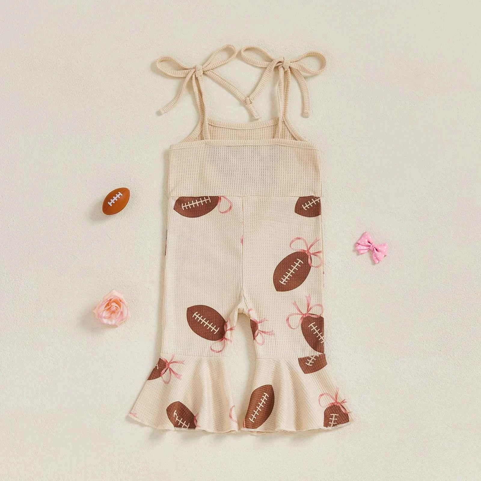 Baby Bell Bottom Jumpsuit – Sleeveless Tie-Up Strap Overalls with Letter Embroidery "Game Day" Print
