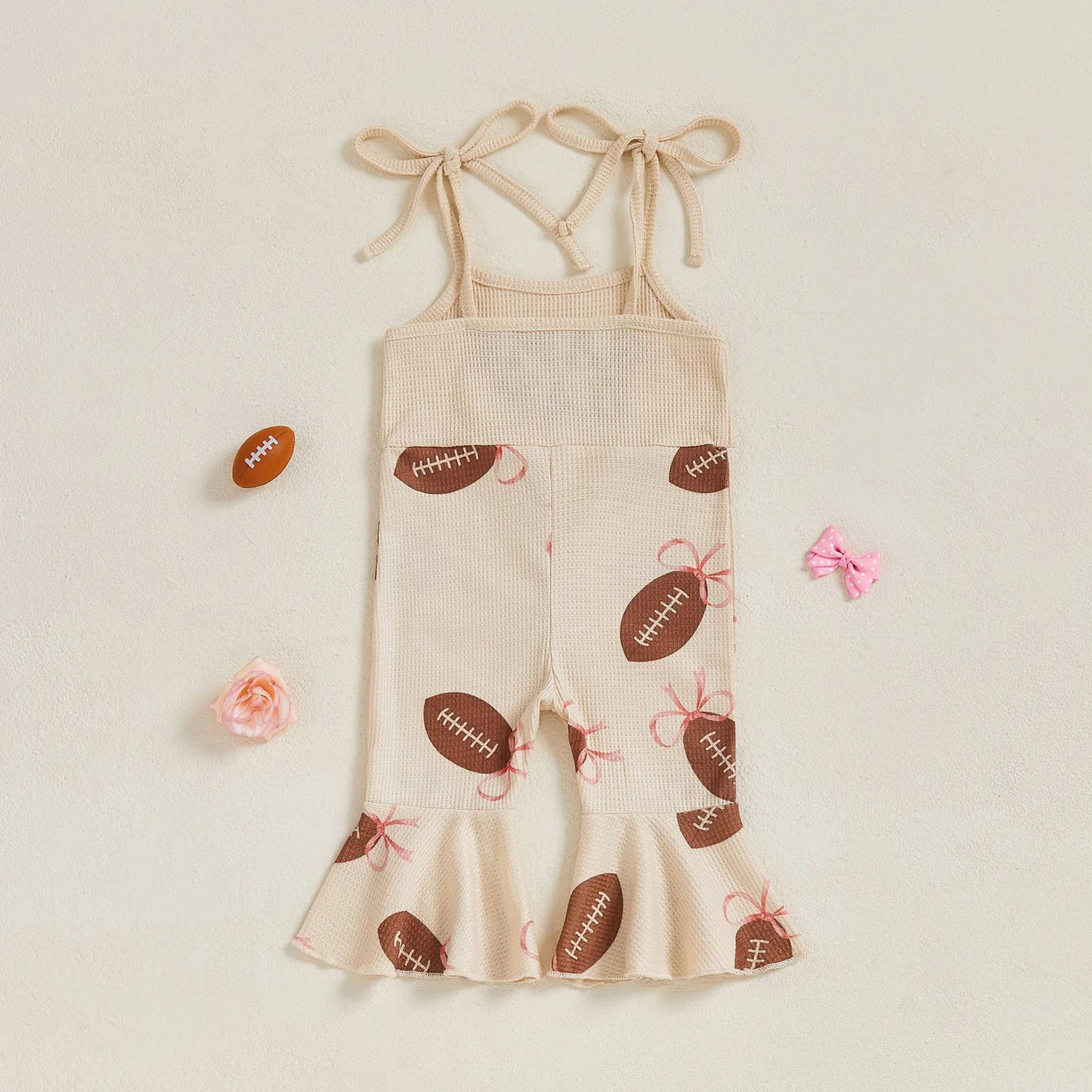Baby Bell Bottom Jumpsuit – Sleeveless Tie-Up Strap Overalls with Letter Embroidery "Game Day" Print