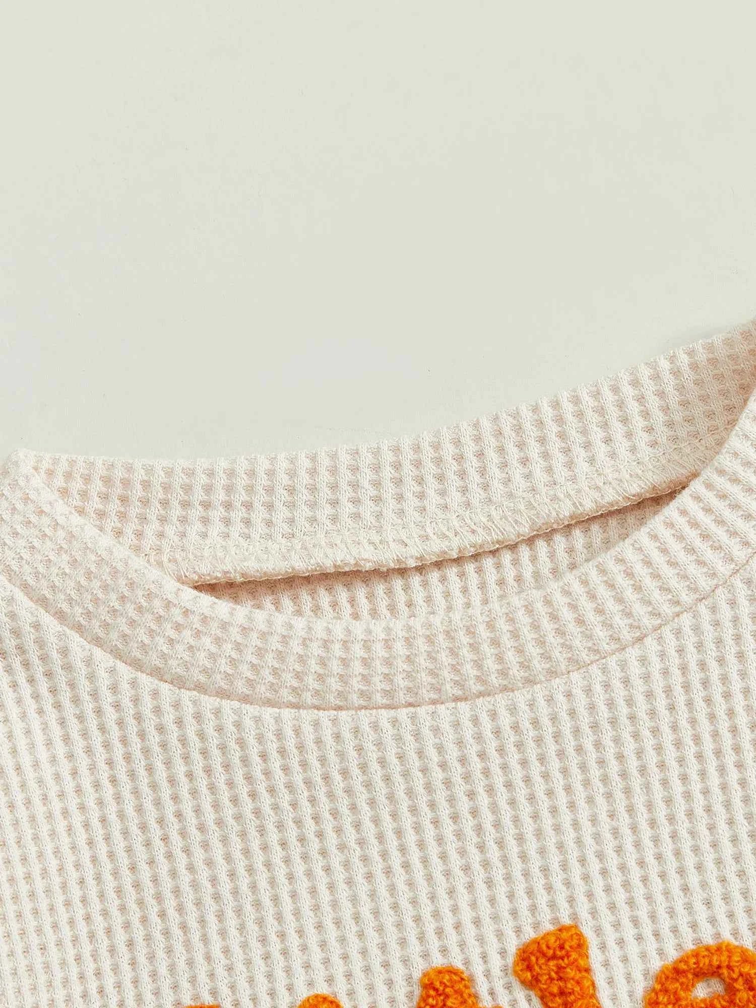 Thanksgiving Outfit – Turkey Letter Embroidery Pullover & Elastic Waist Waffle Pants  (2Pcs Set )