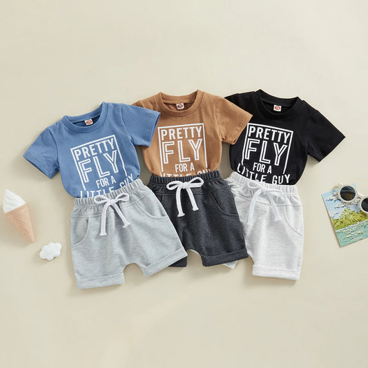 Summer Toddler Boy Shorts Set – Short Sleeve Letter Print T-Shirt & Elastic Waist Shorts Outfit